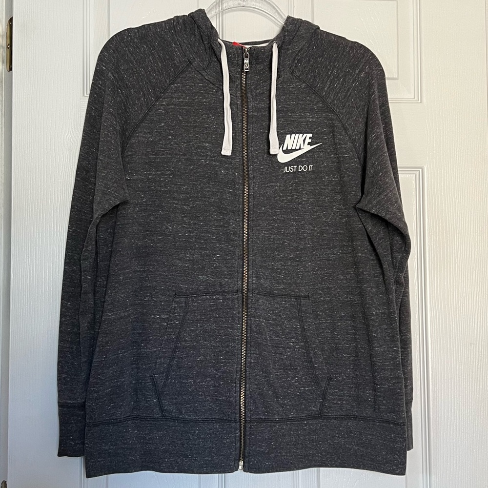 VTG Nike Red Label Charcoal Full-Zip Hoodie Women’s XL Just Do It Spelled Out